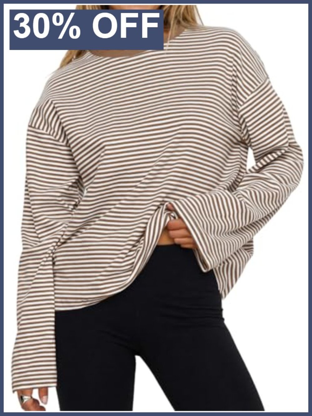 Womens Oversized Striped Long Sleeve Crew Neck Cotton Top